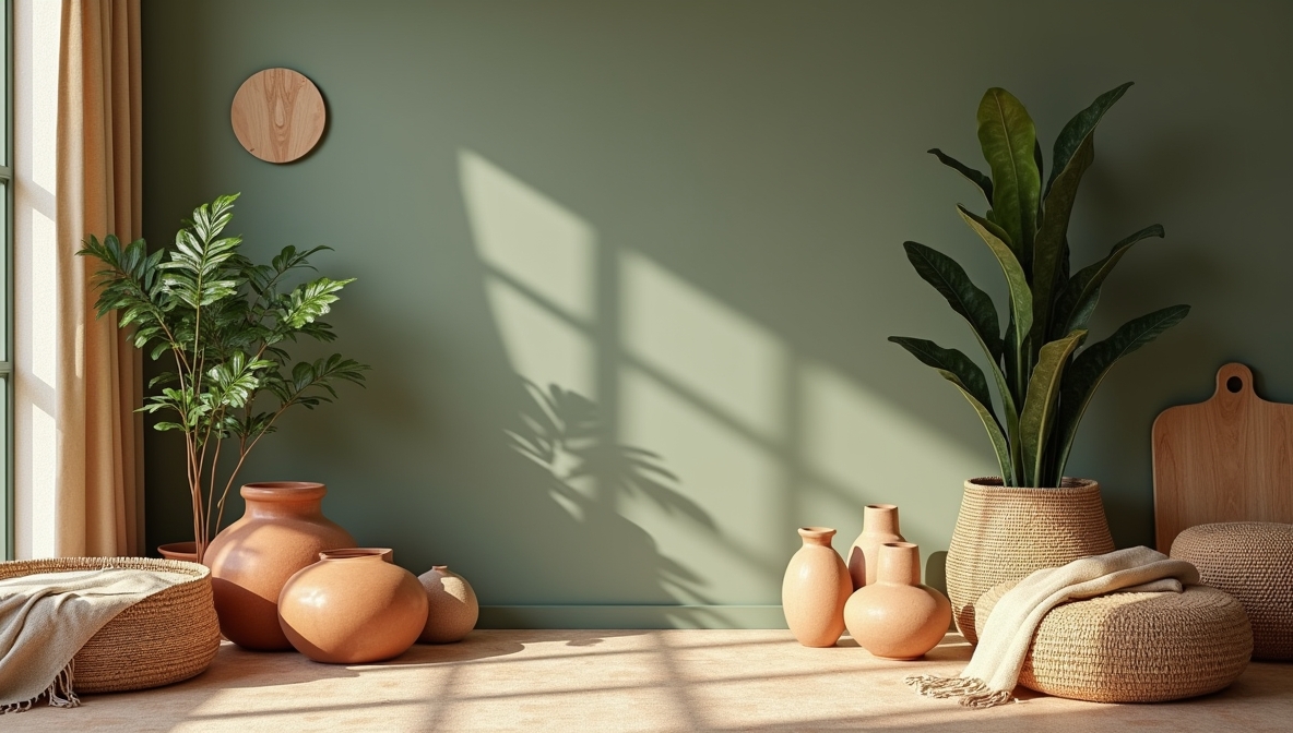 Sunlit living corner with terracotta pottery, woven baskets and houseplants