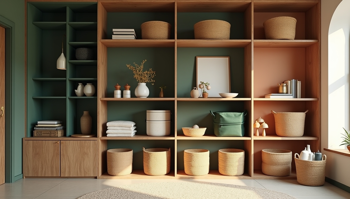 Open wooden shelves with woven baskets, folded linens and ceramics